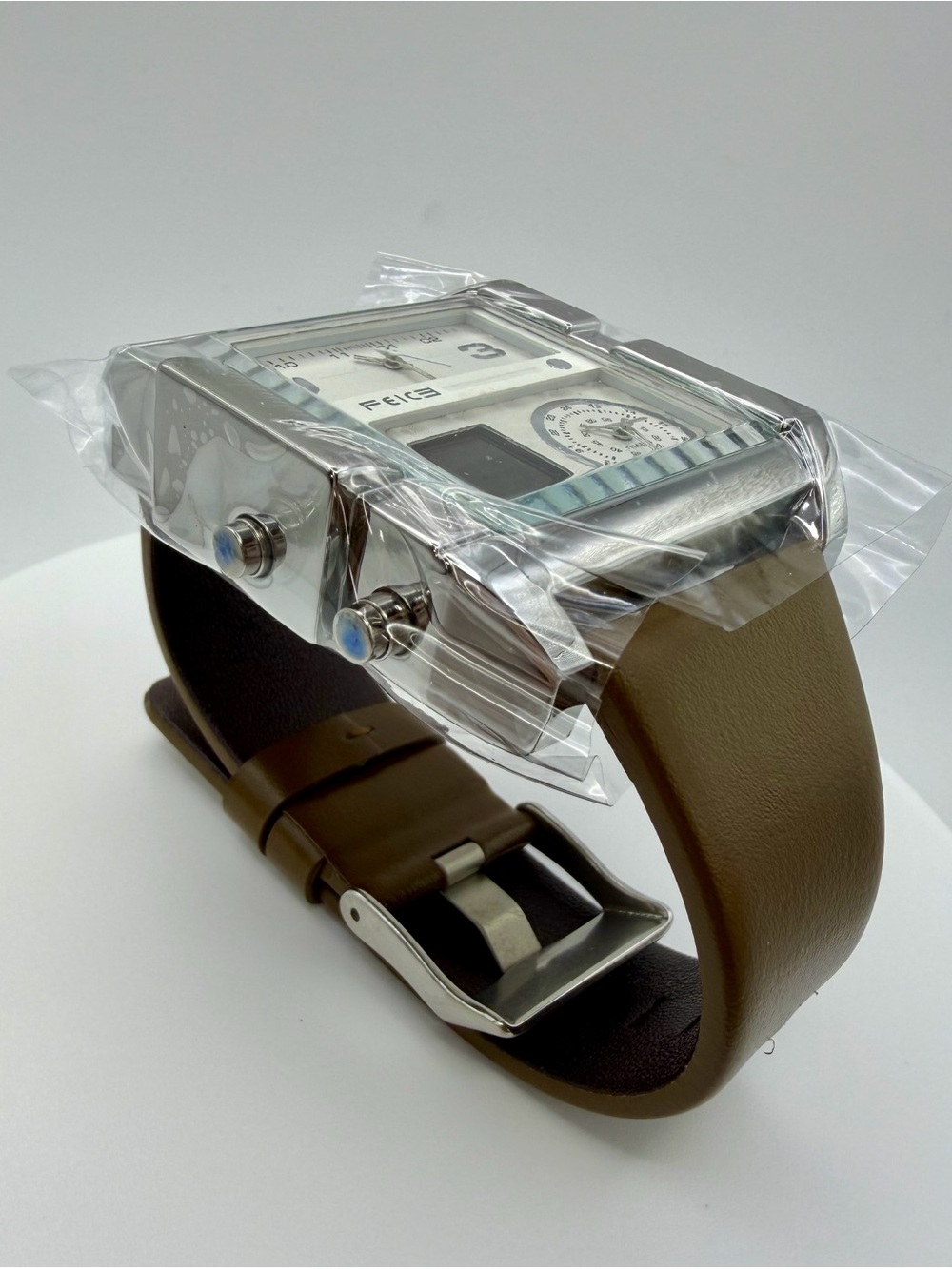 FEICE Men’s Rectangular Dual Time Analog Digital Watch Brown Strap